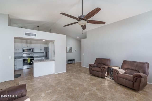 living area featuring visible vents, baseboards, lofted ceiling, and a ceiling fan