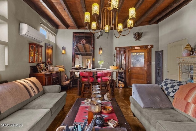 14 Black Knob Vw, Bisbee, AZ 85603 - living area featuring a wall mounted air conditioner, beamed ceiling, a chandelier, and wood ceiling