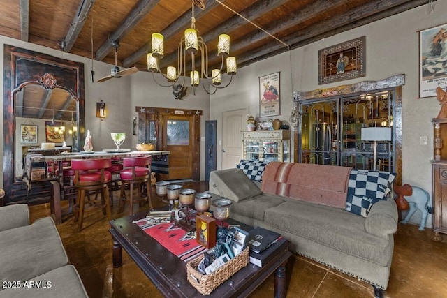 14 Black Knob Vw, Bisbee, AZ 85603 - living room with beam ceiling, a chandelier, finished concrete floors, and wooden ceiling