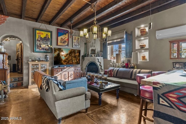 14 Black Knob Vw, Bisbee, AZ 85603 - living room with wooden ceiling, an AC wall unit, concrete floors, beam ceiling, and a chandelier