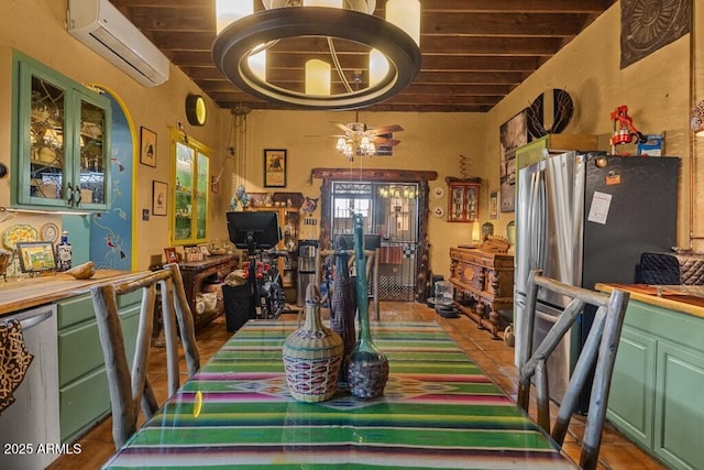 14 Black Knob Vw, Bisbee, AZ 85603 - dining room featuring a wall unit AC, beamed ceiling, a ceiling fan, and wood ceiling