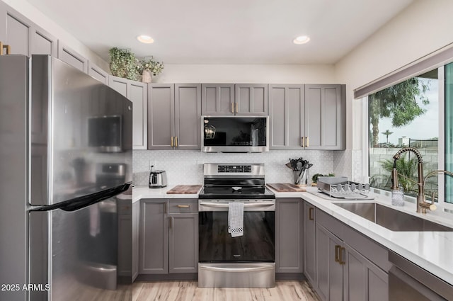 9265 E Kalil Dr, Scottsdale, AZ 85260 - kitchen with appliances with stainless steel finishes, gray cabinets, a sink, light countertops, and recessed lighting