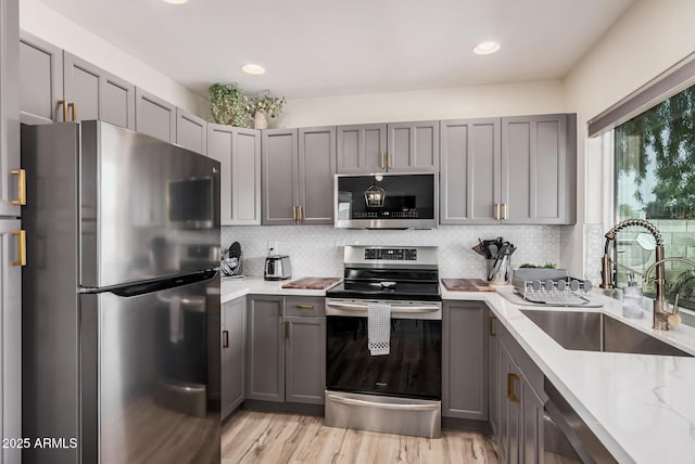 9265 E Kalil Dr, Scottsdale, AZ 85260 - kitchen with stainless steel appliances, a sink, gray cabinetry, tasteful backsplash, and recessed lighting