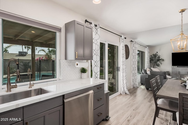 9265 E Kalil Dr, Scottsdale, AZ 85260 - kitchen with gray cabinetry, a sink, stainless steel dishwasher, tasteful backsplash, and light wood-style floors