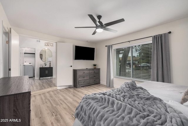 9265 E Kalil Dr, Scottsdale, AZ 85260 - bedroom featuring washer / clothes dryer, light wood-style flooring, baseboards, and ceiling fan
