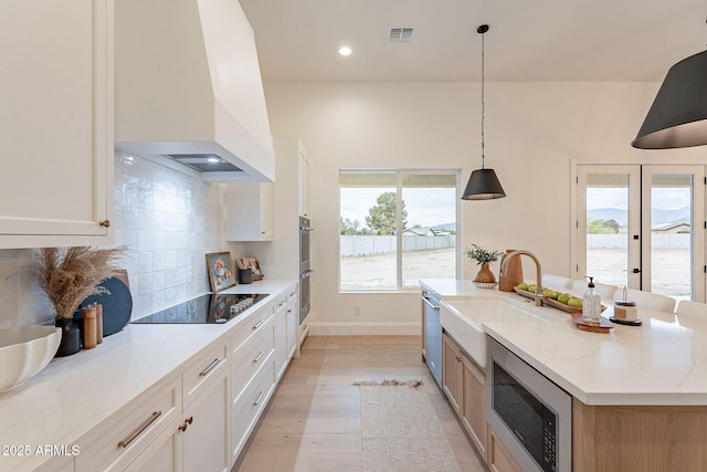 kitchen featuring visible vents, a sink, custom range hood, appliances with stainless steel finishes, and tasteful backsplash