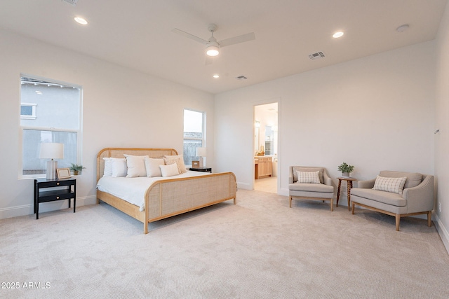 bedroom featuring recessed lighting, baseboards, and light carpet