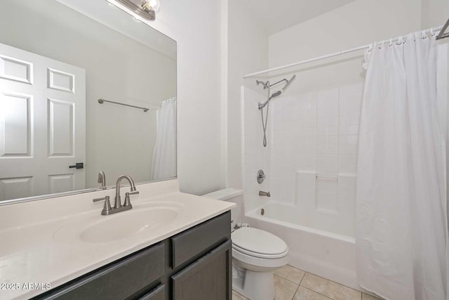 full bathroom featuring vanity, tile patterned floors, toilet, and shower / bathtub combination with curtain