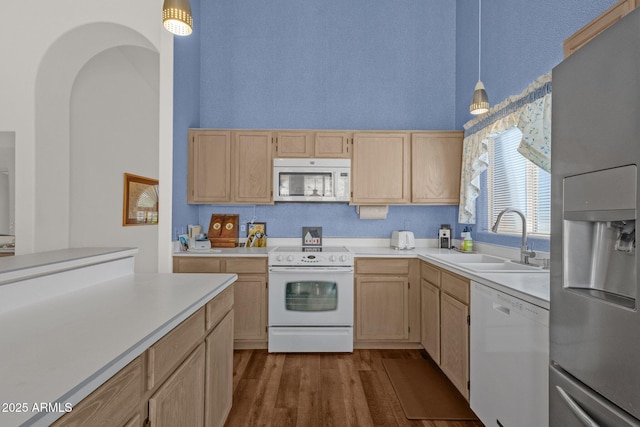 16002 E Gleneagle Dr, Fountain Hills, AZ 85268 - kitchen with white appliances, a sink, light brown cabinetry, and light countertops