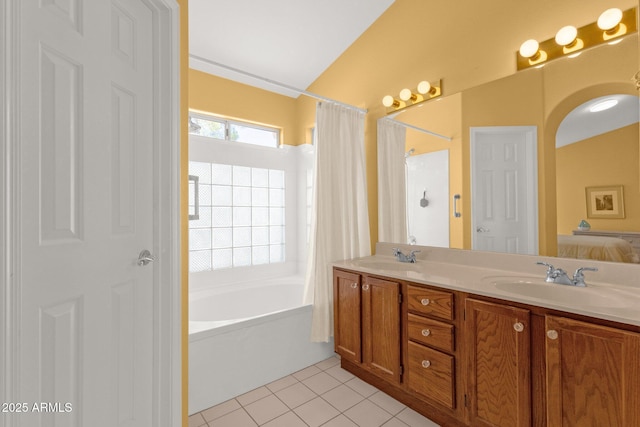 16002 E Gleneagle Dr, Fountain Hills, AZ 85268 - full bathroom featuring vaulted ceiling, tile patterned flooring, and double vanity