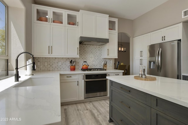 29771 N 67th St, Scottsdale, AZ 85266 - kitchen featuring decorative backsplash, stainless steel appliances, under cabinet range hood, white cabinetry, and a sink