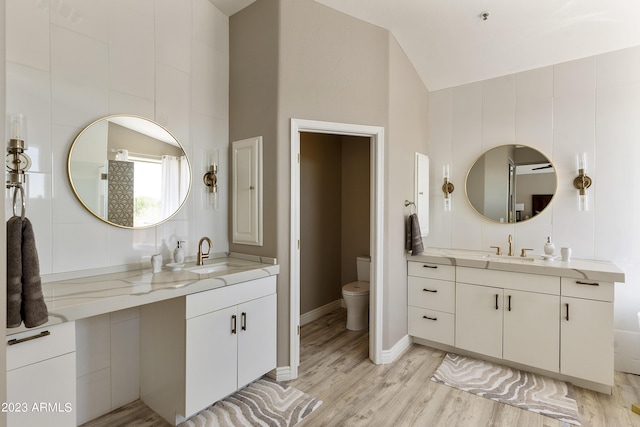 29771 N 67th St, Scottsdale, AZ 85266 - bathroom featuring toilet, vaulted ceiling, wood finished floors, and a sink