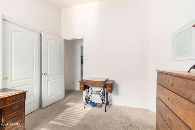 bedroom with light colored carpet