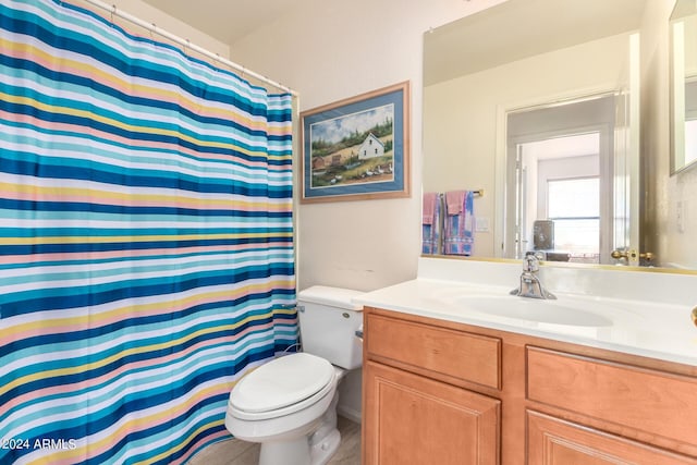 bathroom featuring vanity, walk in shower, and toilet