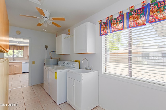 laundry room with ceiling fan, independent washer and dryer, light tile patterned floors, and sink