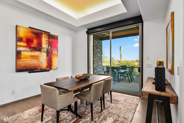 dining room featuring a raised ceiling and hardwood / wood-style floors