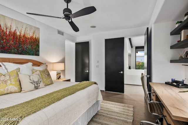 bedroom featuring light hardwood / wood-style floors and ceiling fan