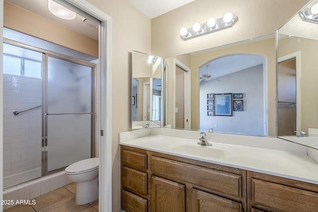 bathroom featuring tile patterned flooring, vanity, walk in shower, ceiling fan, and toilet