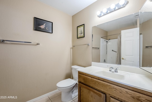 bathroom with tile patterned flooring, vanity, a shower with curtain, and toilet