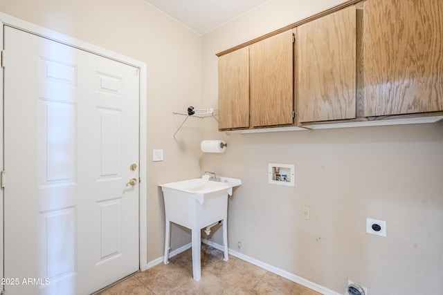 laundry area with washer hookup, light tile patterned flooring, cabinets, and hookup for an electric dryer