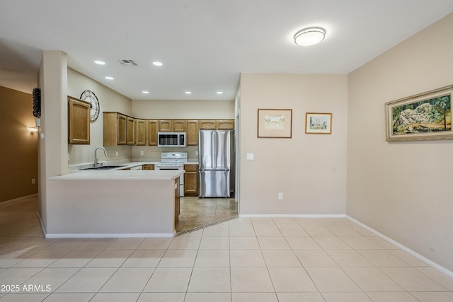 kitchen featuring light tile patterned flooring, appliances with stainless steel finishes, kitchen peninsula, and sink