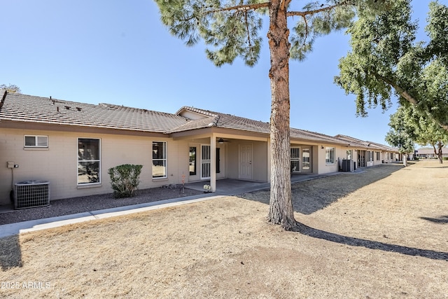 rear view of property featuring central AC, a patio, and ceiling fan