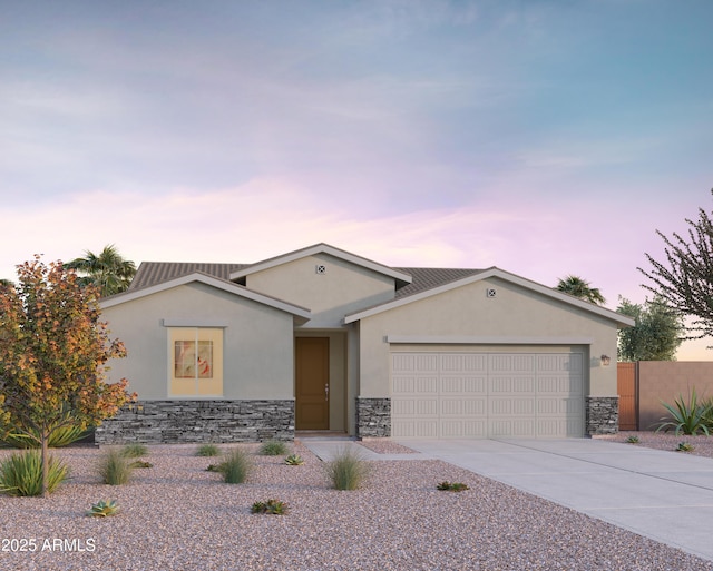 ranch-style home with fence, driveway, an attached garage, stucco siding, and stone siding