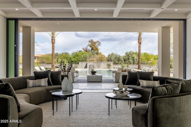 interior space featuring recessed lighting, beamed ceiling, and coffered ceiling