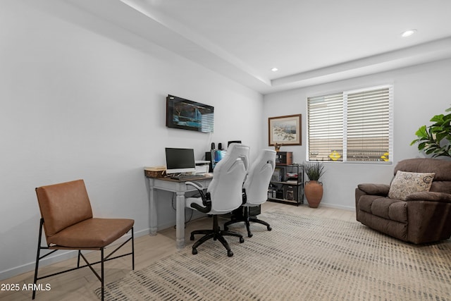 office space featuring wood finished floors, baseboards, and recessed lighting
