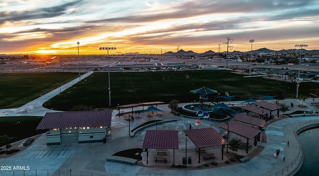 view of aerial view at dusk