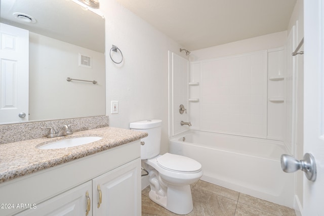 full bathroom featuring tile patterned floors, bathtub / shower combination, toilet, and vanity