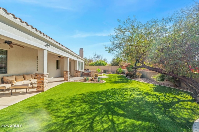 891 W Palo Brea Dr, Litchfield Park, AZ 85340 - view of yard with ceiling fan, a patio area, a fenced backyard, and an outdoor living space