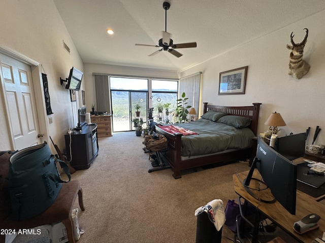 bedroom featuring access to outside, ceiling fan, carpet, and lofted ceiling