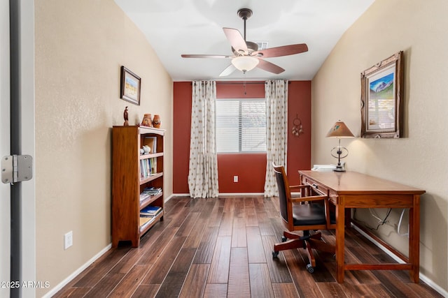 office space with ceiling fan and dark hardwood / wood-style floors