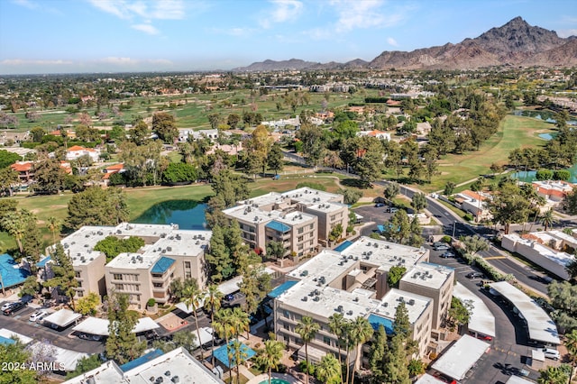 bird's eye view featuring a water and mountain view