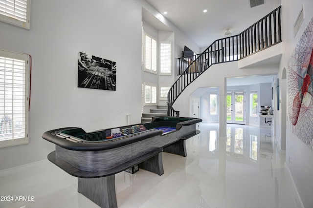 playroom featuring french doors, a healthy amount of sunlight, and a high ceiling