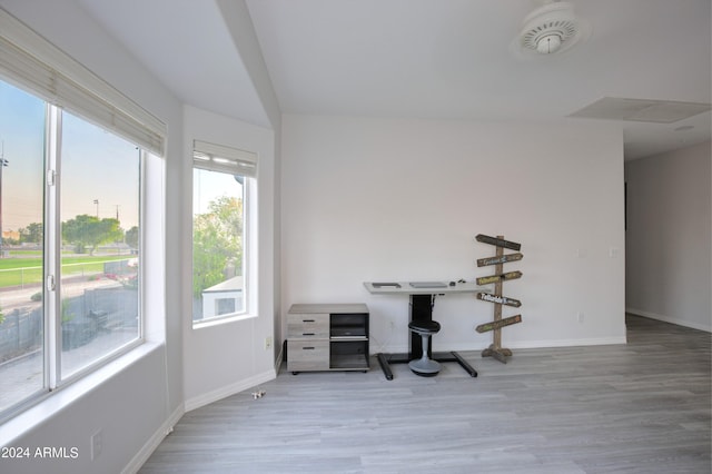 office area with light hardwood / wood-style flooring