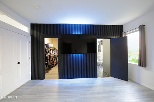 bedroom featuring multiple windows, a walk in closet, a closet, and light wood-type flooring