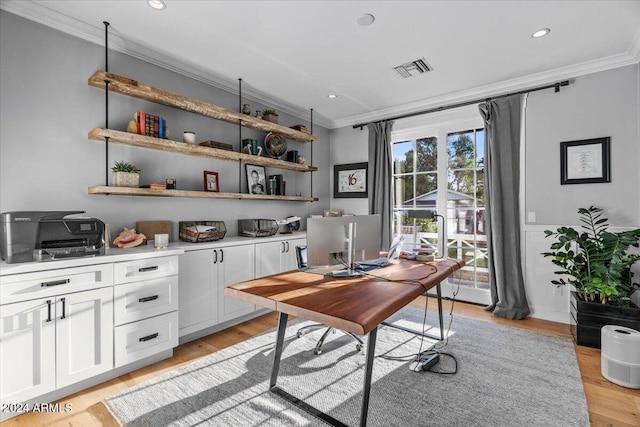 office space with light hardwood / wood-style flooring and crown molding