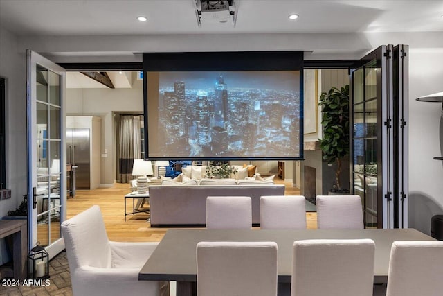 home theater featuring light hardwood / wood-style floors