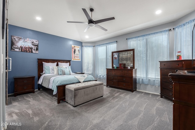 carpeted bedroom featuring ceiling fan