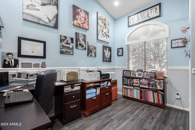 office area with lofted ceiling and dark wood-type flooring