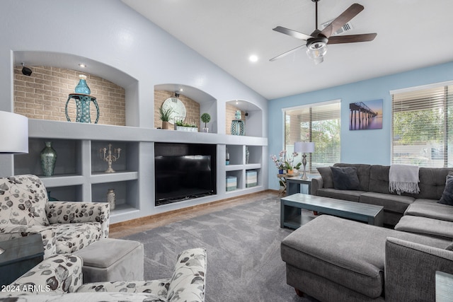 living room featuring wood-type flooring, high vaulted ceiling, and ceiling fan