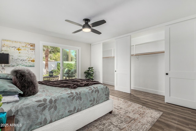 bedroom with wood finished floors, baseboards, access to exterior, and a ceiling fan
