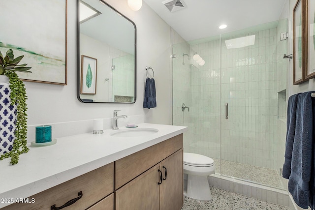 full bathroom with a shower stall, speckled floor, vanity, toilet, and recessed lighting
