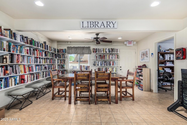 tiled dining area featuring ceiling fan and recessed lighting