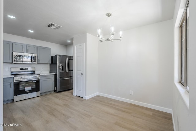 16159 W Maui Ln, Surprise, AZ 85379 - kitchen featuring stainless steel appliances, baseboards, a chandelier, gray cabinets, and light countertops