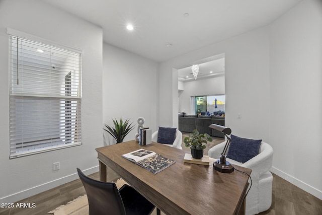 dining area with dark wood-type flooring