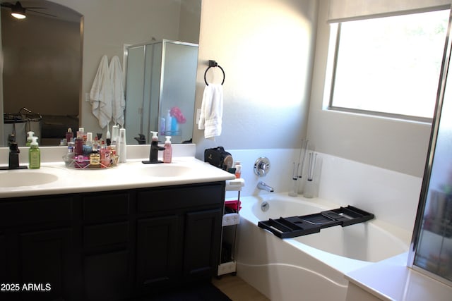 bathroom featuring vanity and separate shower and tub