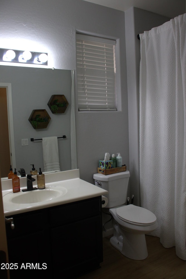 bathroom featuring vanity, wood-type flooring, and toilet